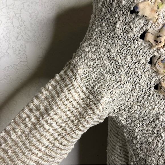 Anthropologie Akemi + Kin cream tan striped floral lace up trim knit top Small - Picture 5 of 14